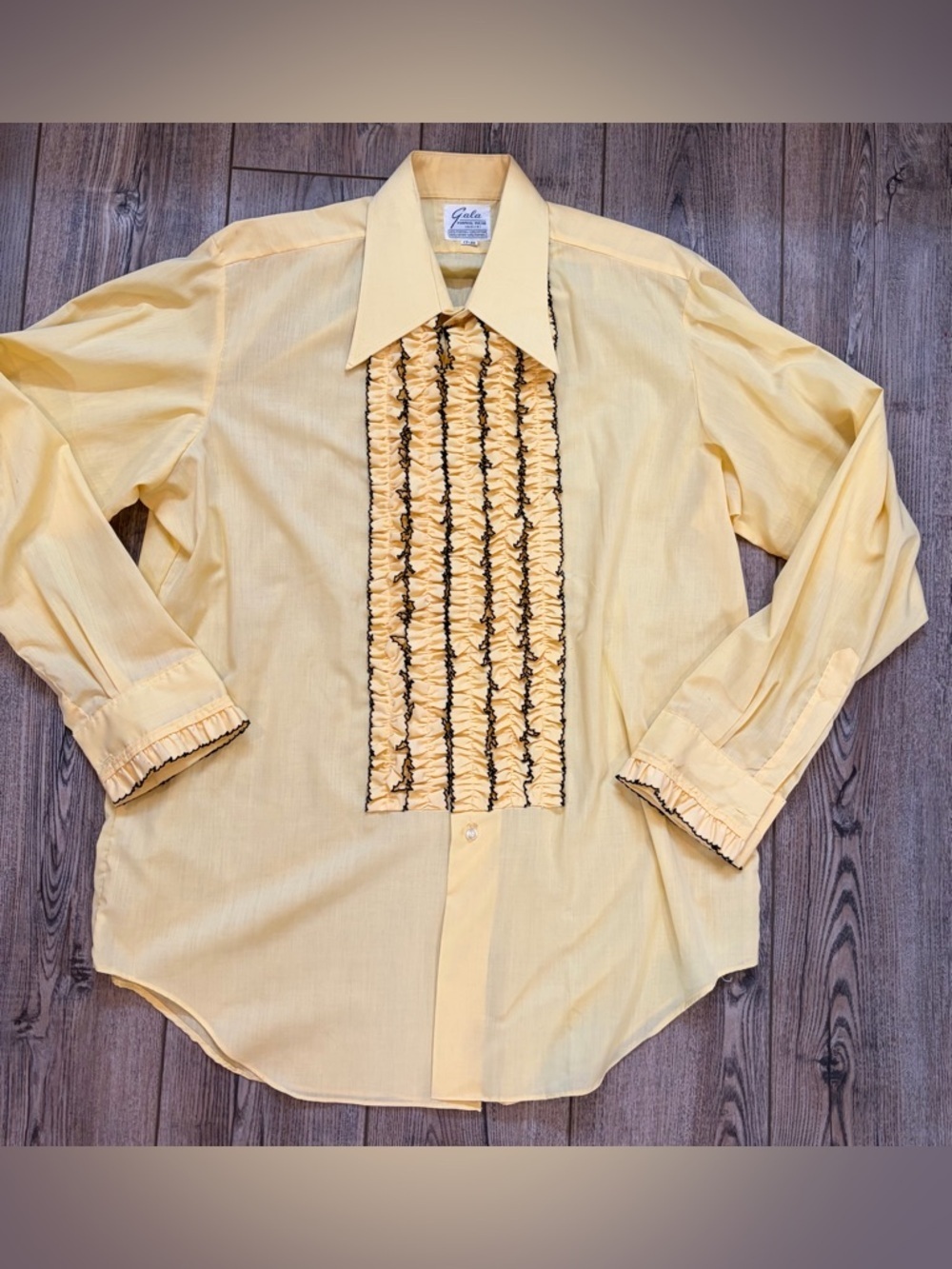 Vintage 70s Yellow Ruffle Tuxedo Shirt Mens 17-36 French Cuff Disco Formal Gala - Picture 3 of 10